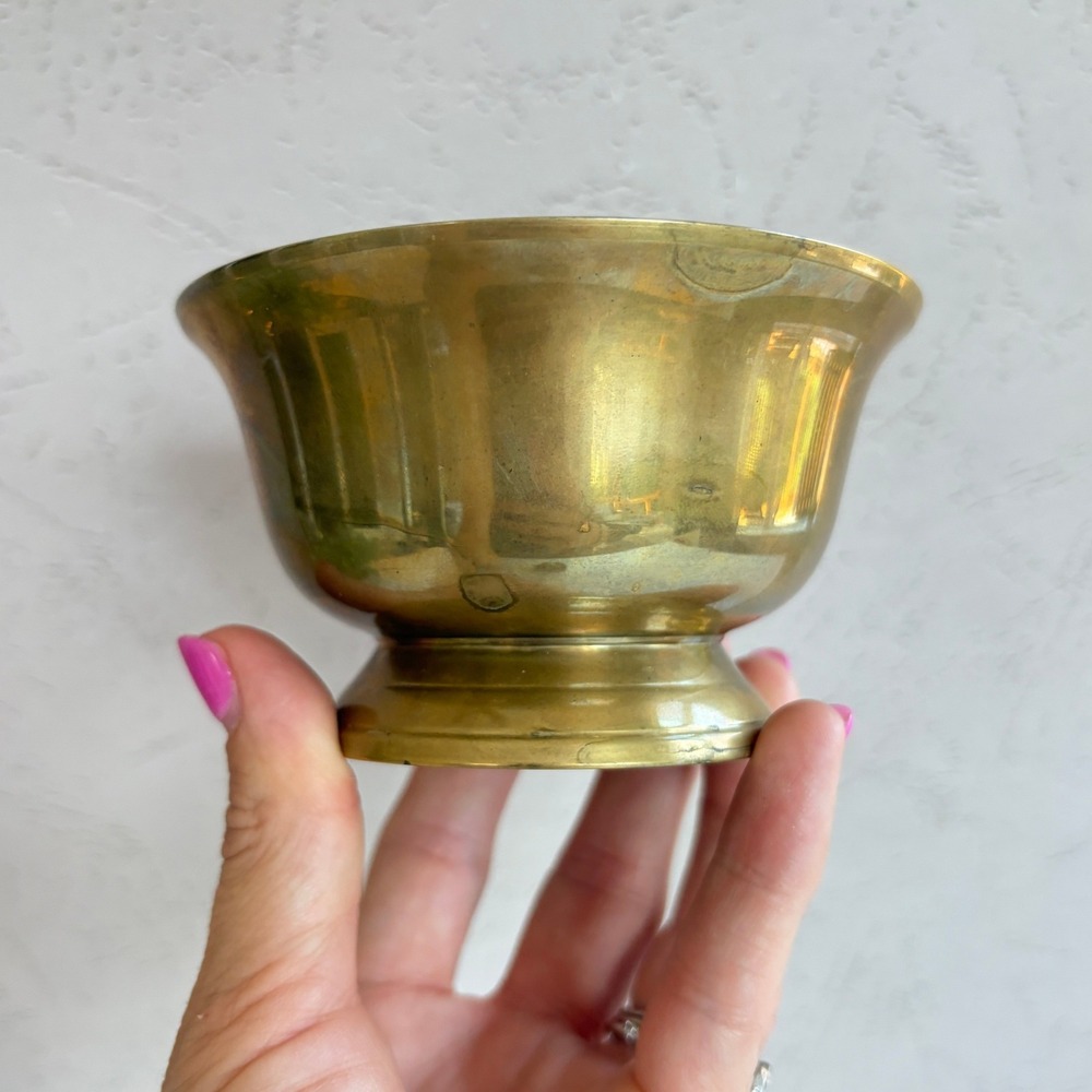 Vintage Brass Pedestal Bowl Flared Rim Decorative Catchall 4.5 Inch Gold Decor